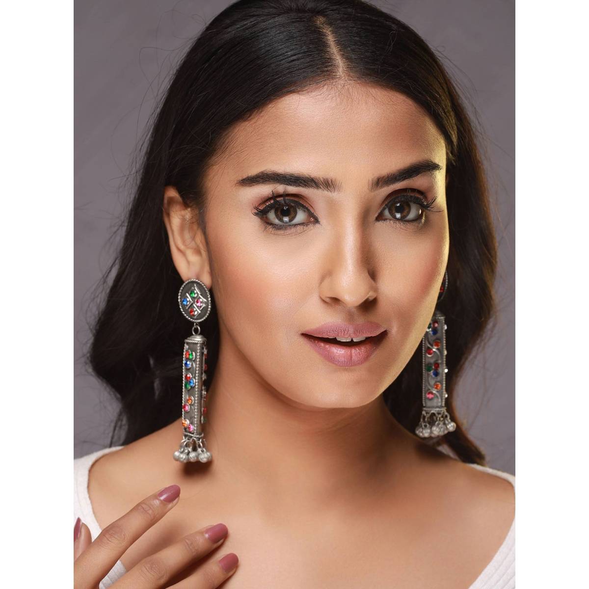 Aatmana Silver Toned Muti Color Stone Studded Ghungroo Drop Earrings