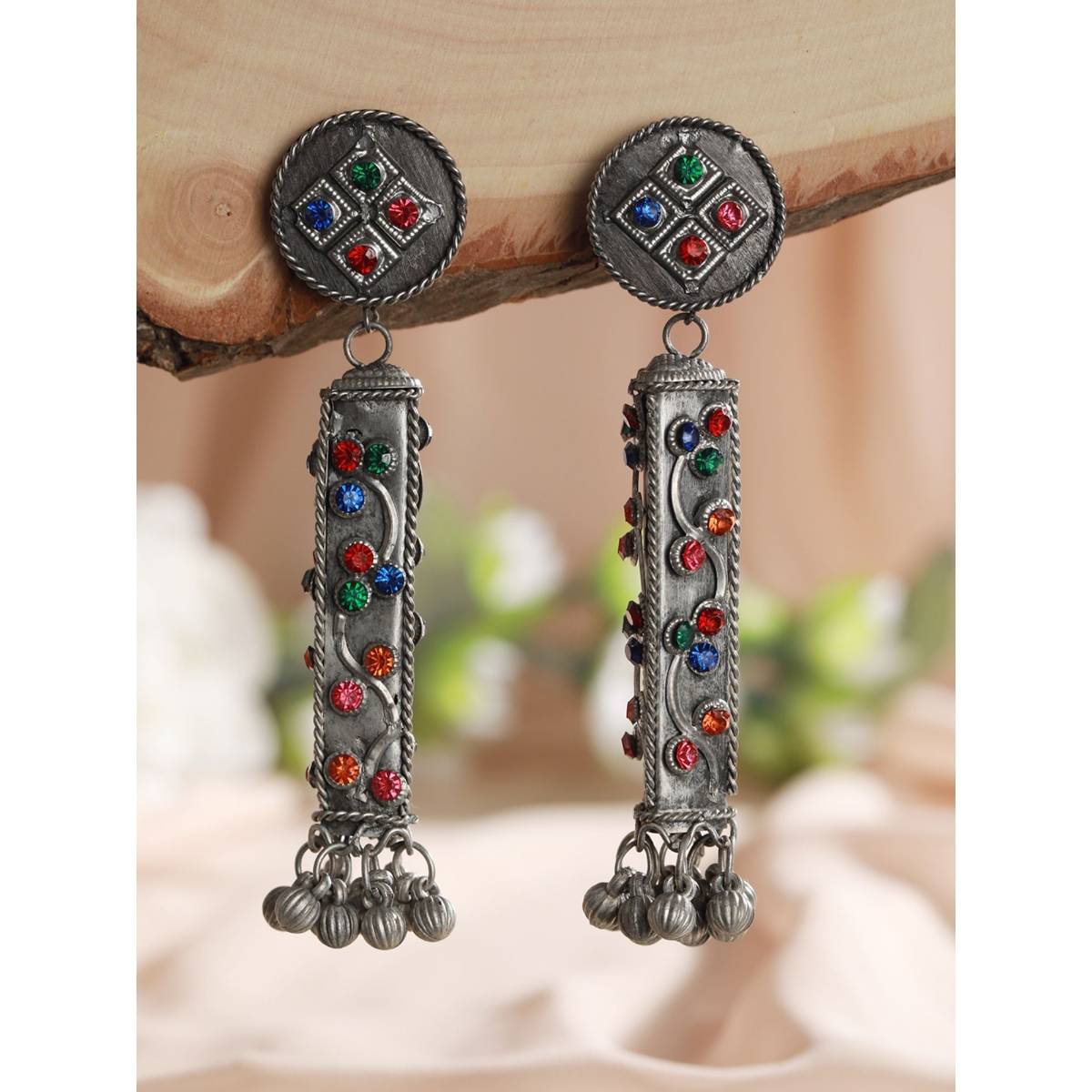 Aatmana Silver Toned Muti Color Stone Studded Ghungroo Drop Earrings