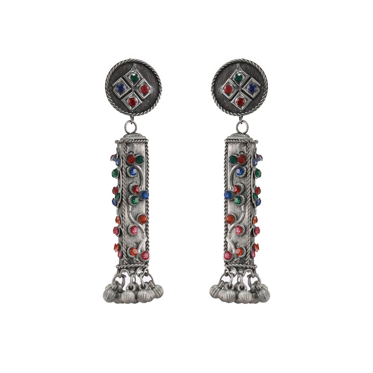 Aatmana Silver Toned Muti Color Stone Studded Ghungroo Drop Earrings