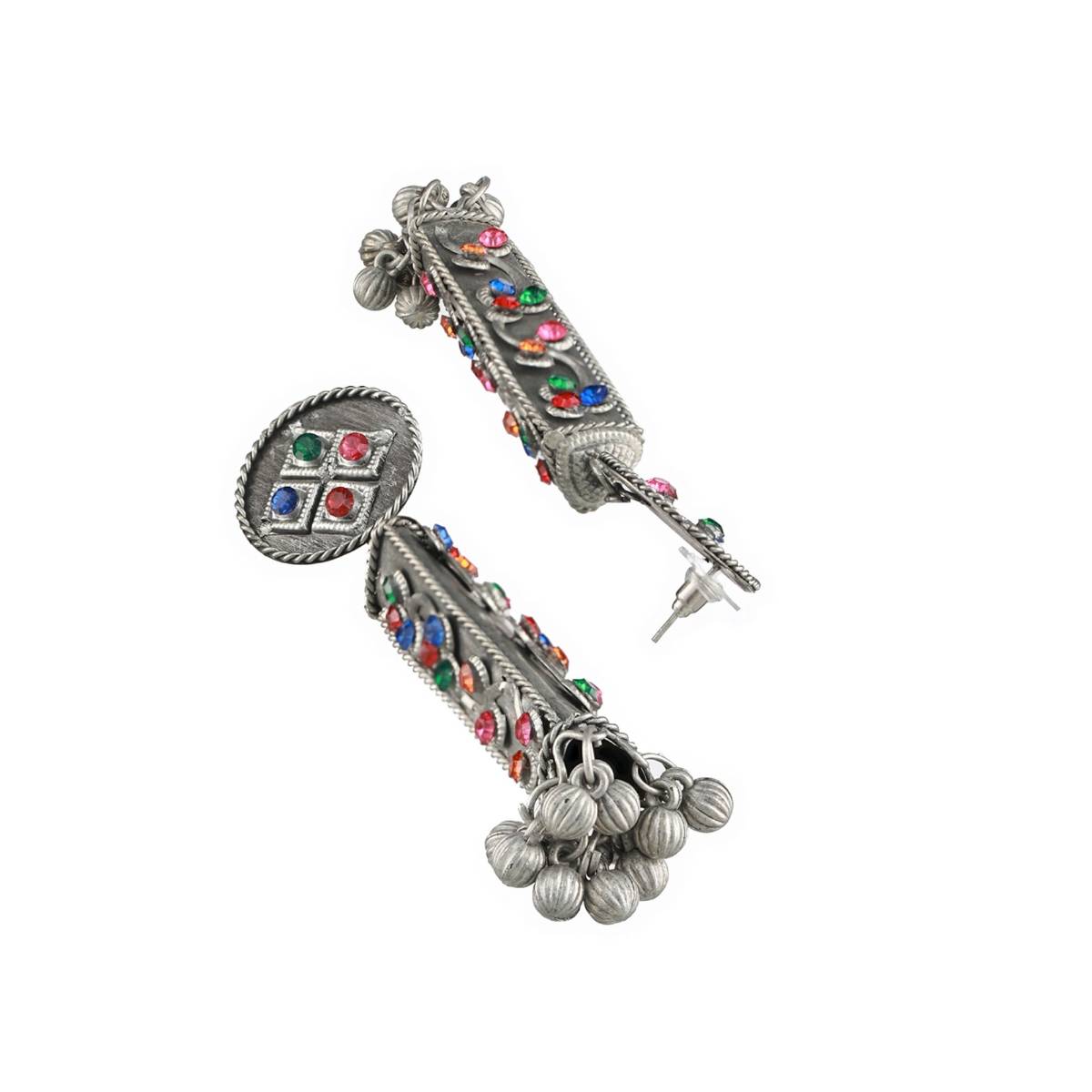 Aatmana Silver Toned Muti Color Stone Studded Ghungroo Drop Earrings