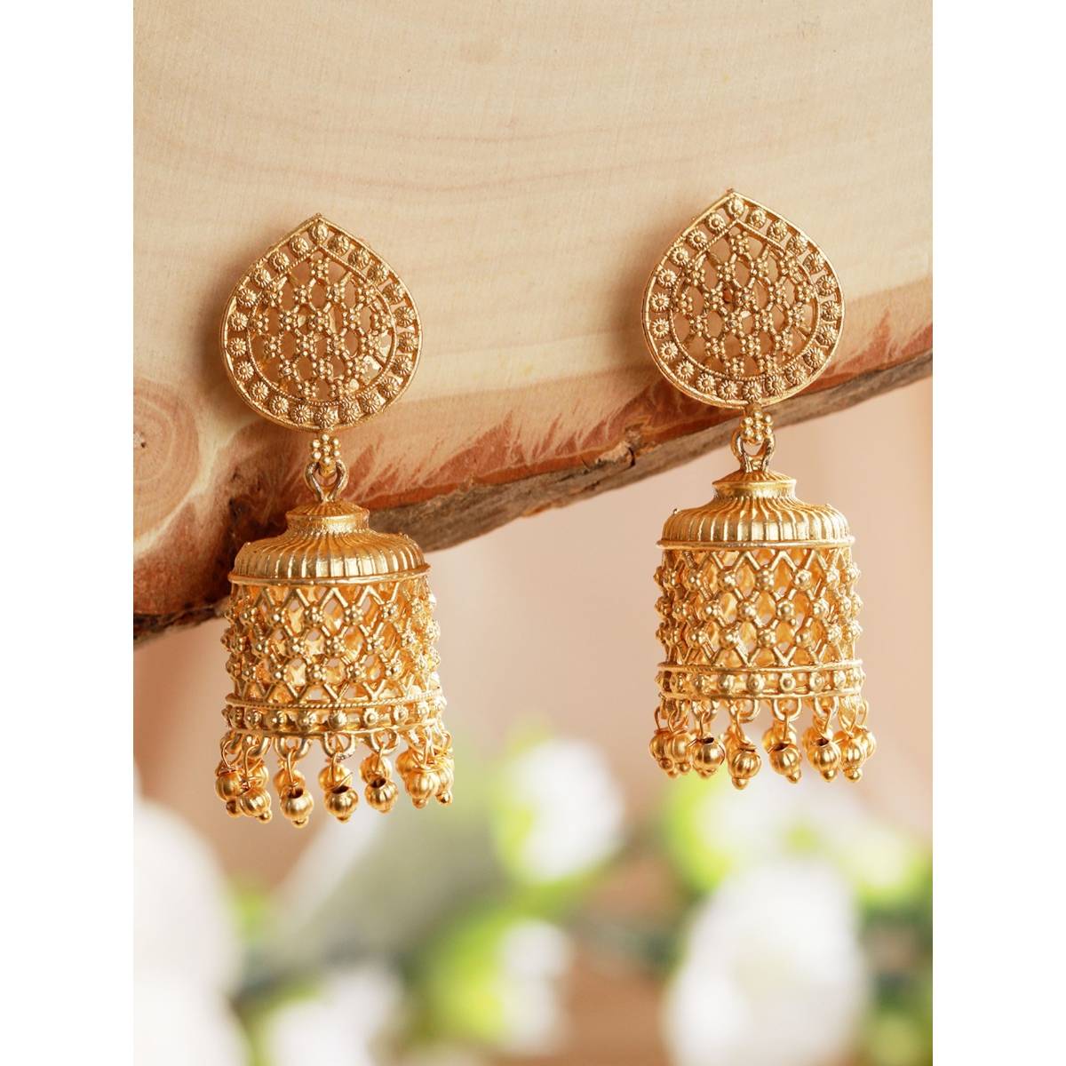 Aatmana Yellow Gold Plated and Beaded Contemporary Jhumka Earrings