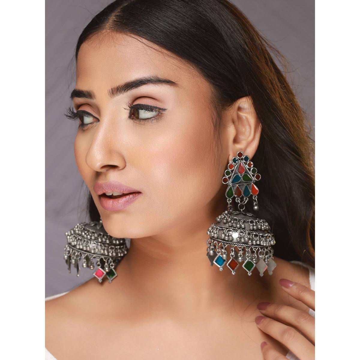 Aatmana Silver Plated Multi Color Dome Shaped Meenakari Jhumkas Earrings