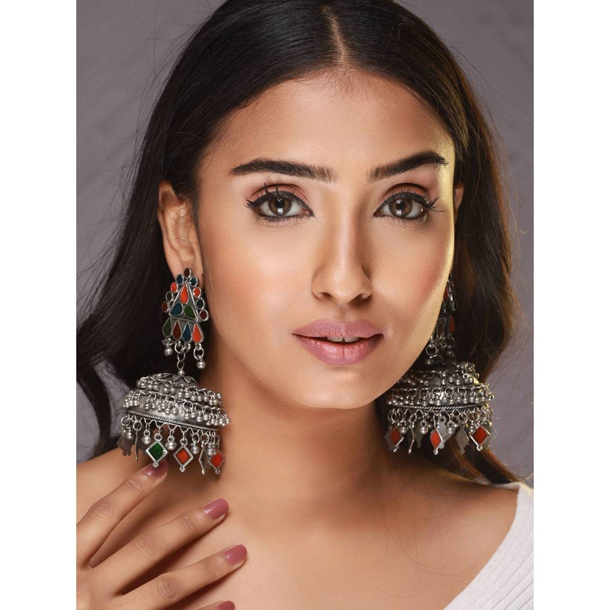 Aatmana Silver Plated Multi Color Dome Shaped Meenakari Jhumkas Earrings
