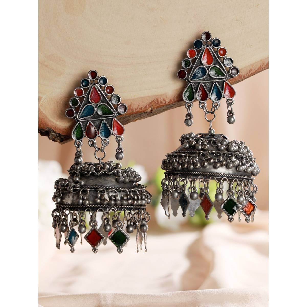 Aatmana Silver Plated Multi Color Dome Shaped Meenakari Jhumkas Earrings