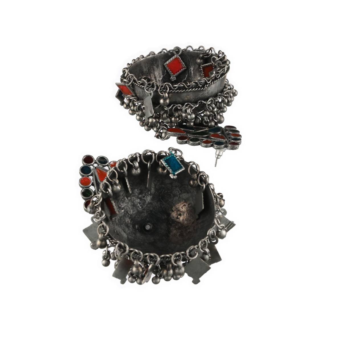 Aatmana Silver Plated Multi Color Dome Shaped Meenakari Jhumkas Earrings