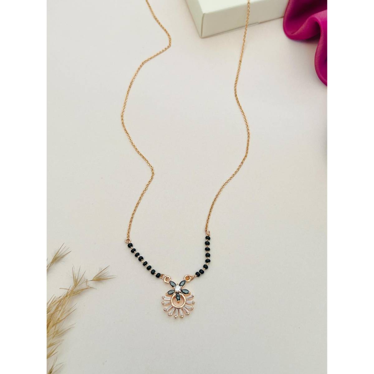Abdesigns Rose Gold Plated American Diamond Studded Beaded Mangalsutra
