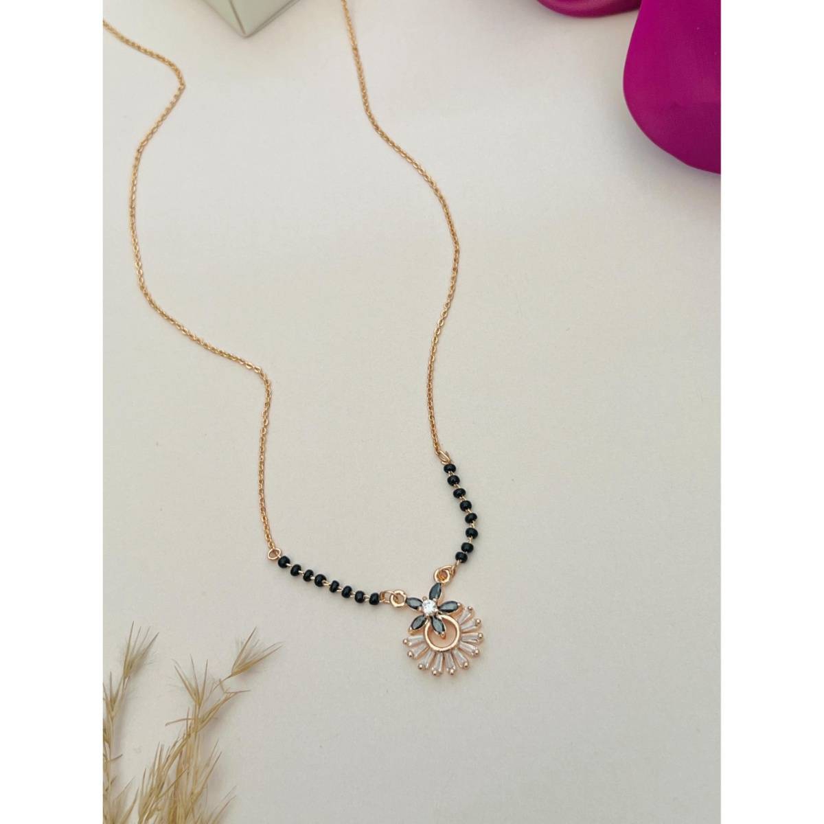 Abdesigns Rose Gold Plated American Diamond Studded Beaded Mangalsutra