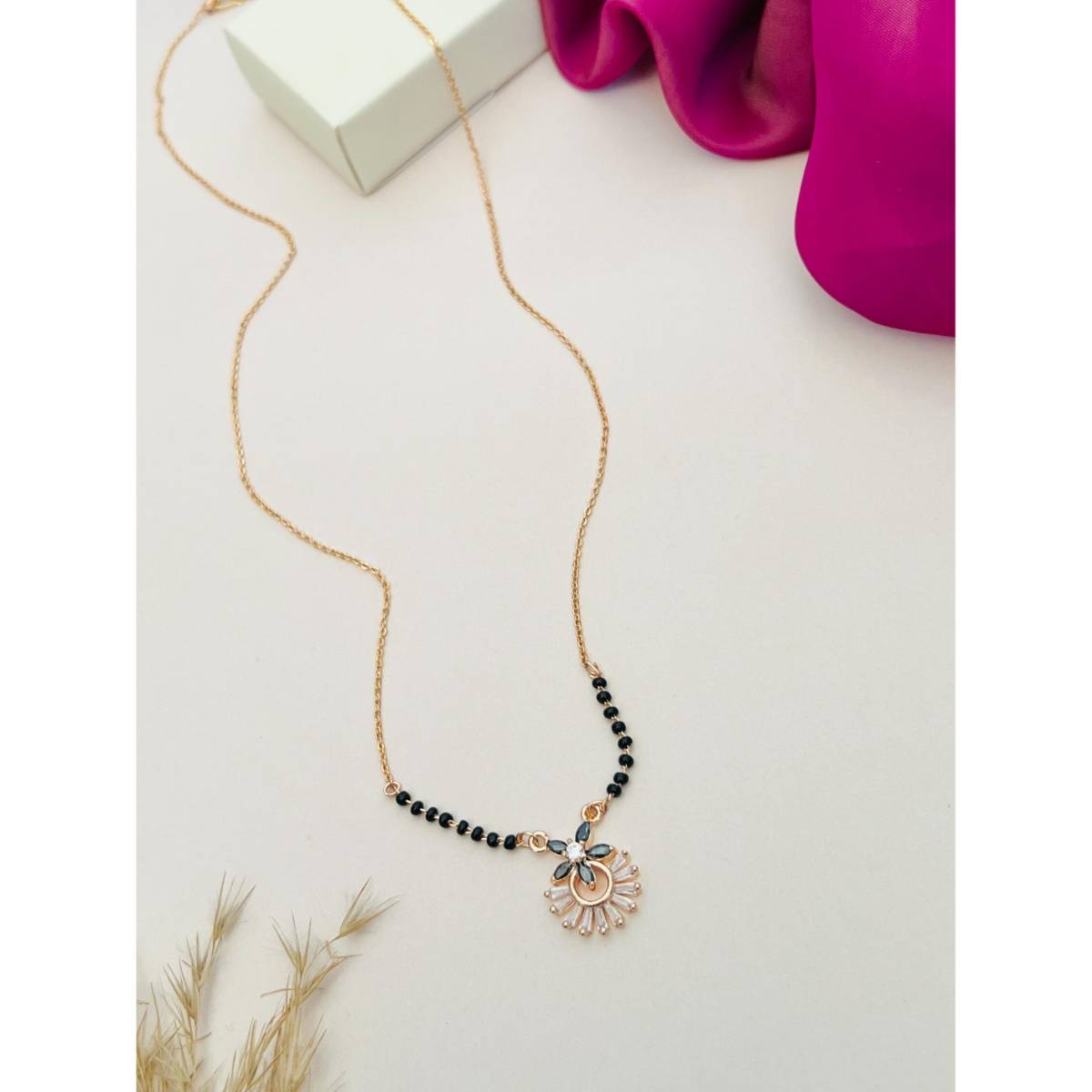 Abdesigns Rose Gold Plated American Diamond Studded Beaded Mangalsutra