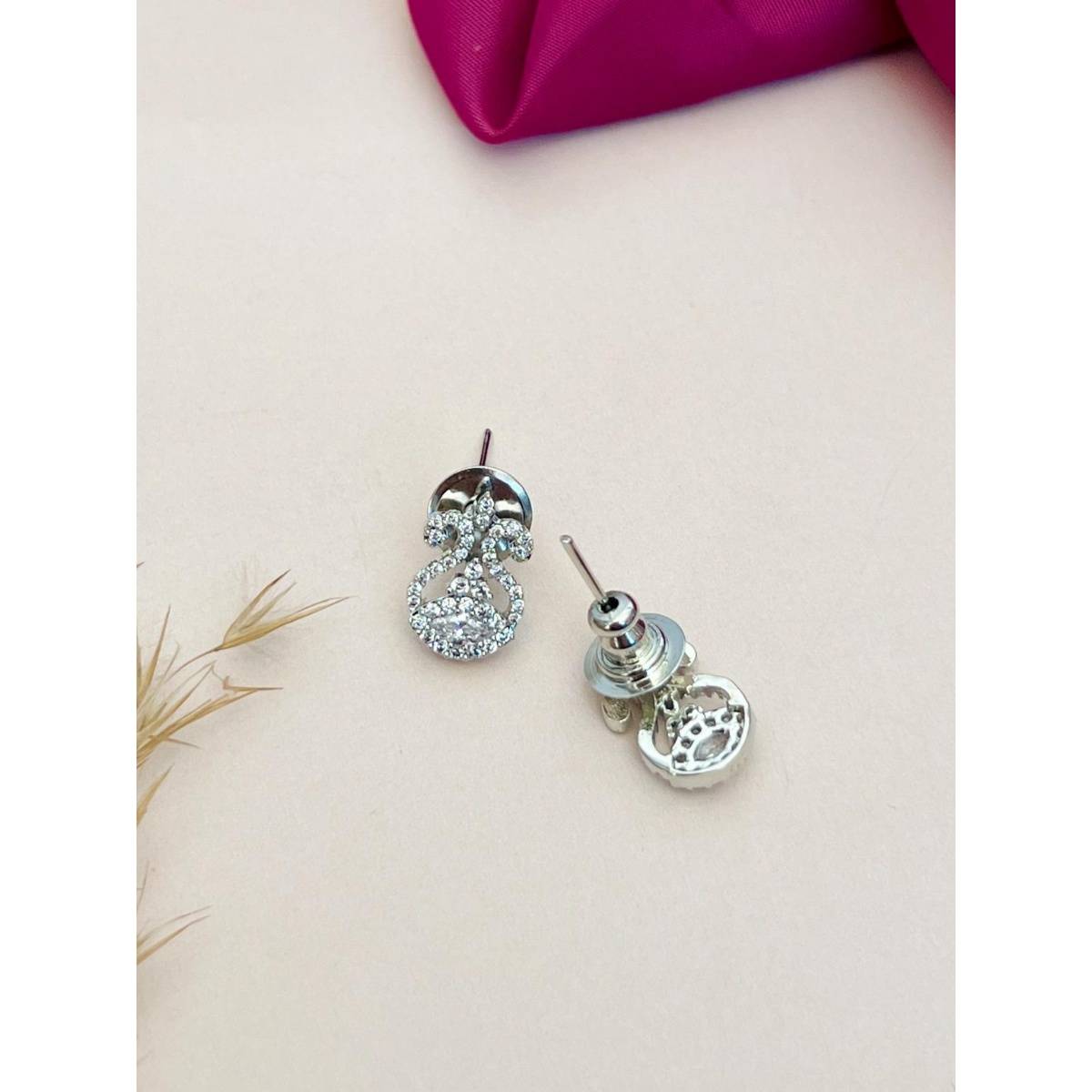 Abdesigns White Silver Plated American Diamond Studded Mangalsutra with Earrings