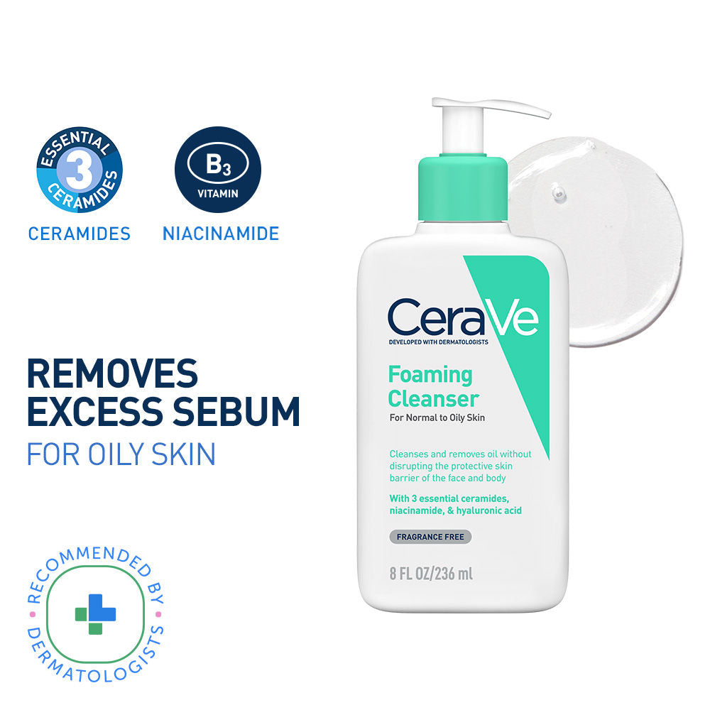 CeraVe Foaming Cleanser Face Wash For Oily Skin with Hyaluronic Acid, Ceramides & Niacinamide (236ml)