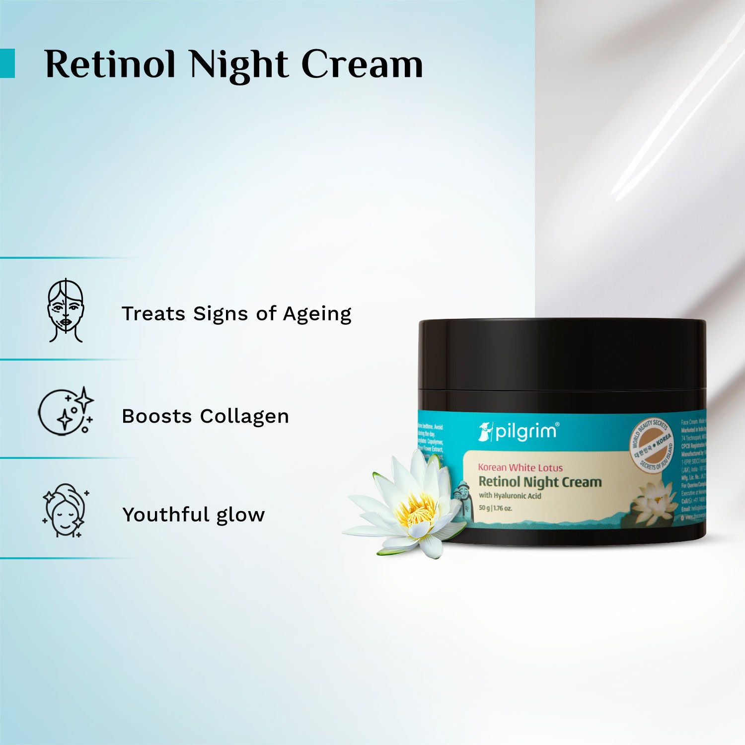 Pilgrim Korean White Lotus Retinol AntiAgeing Night Cream with HyaluronicAcid Enchance Skin Radiance (50g)
