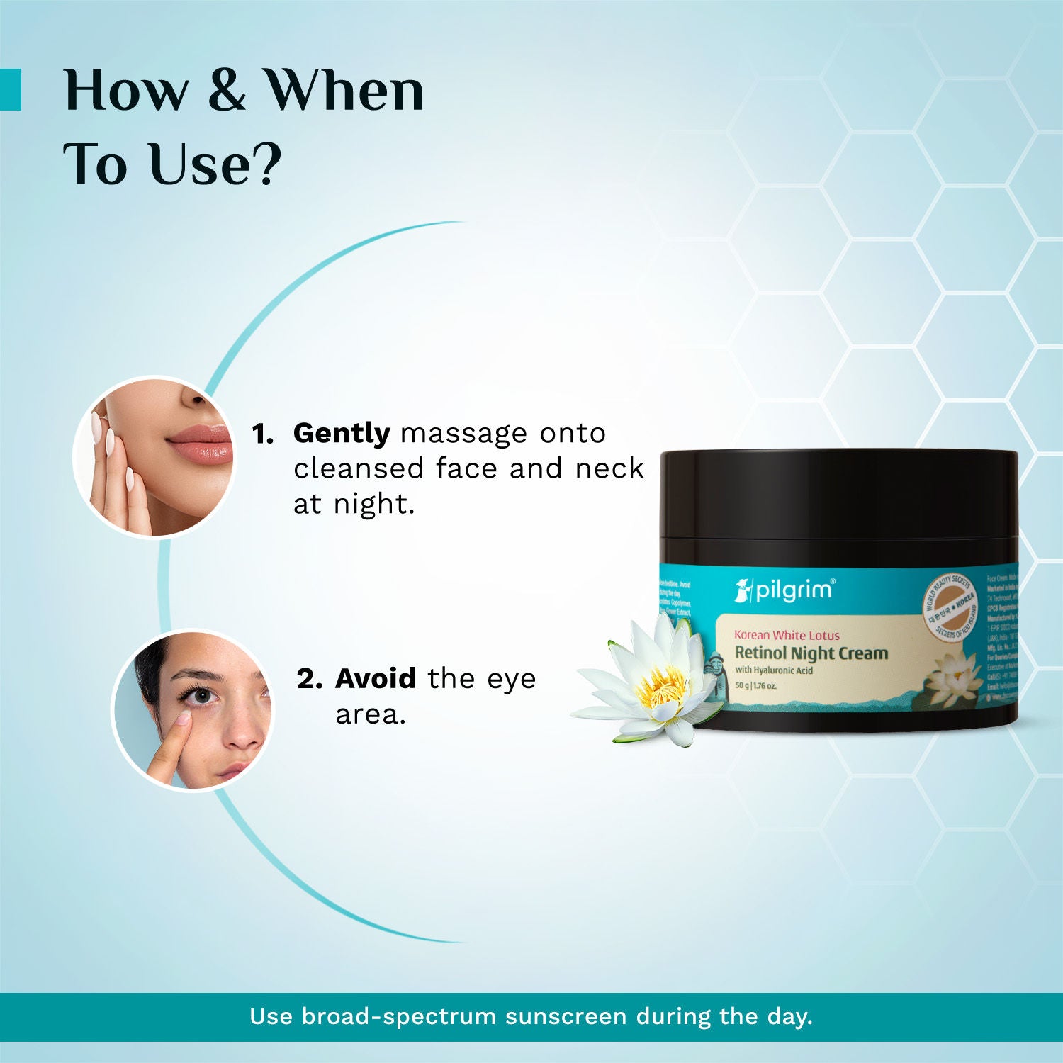 Pilgrim Korean White Lotus Retinol AntiAgeing Night Cream with HyaluronicAcid Enchance Skin Radiance (50g)