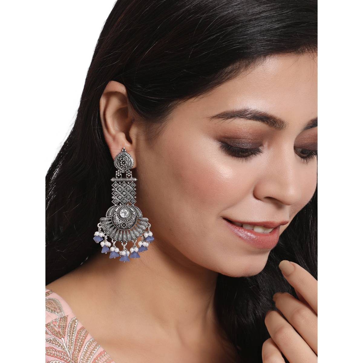 Aatmana Silver Toned and Blue Oxidised Classic Drop Earrings · One Size