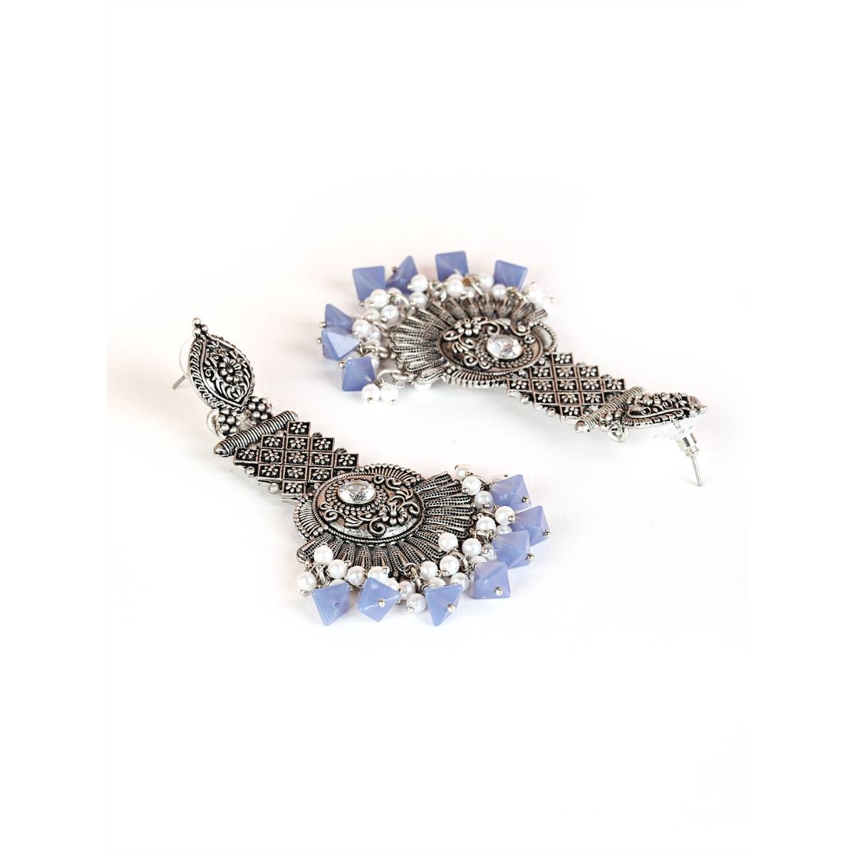Aatmana Silver Toned and Blue Oxidised Classic Drop Earrings