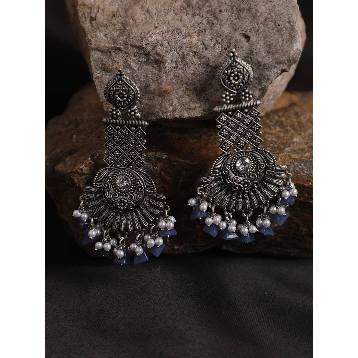 Aatmana Silver Toned and Blue Oxidised Classic Drop Earrings