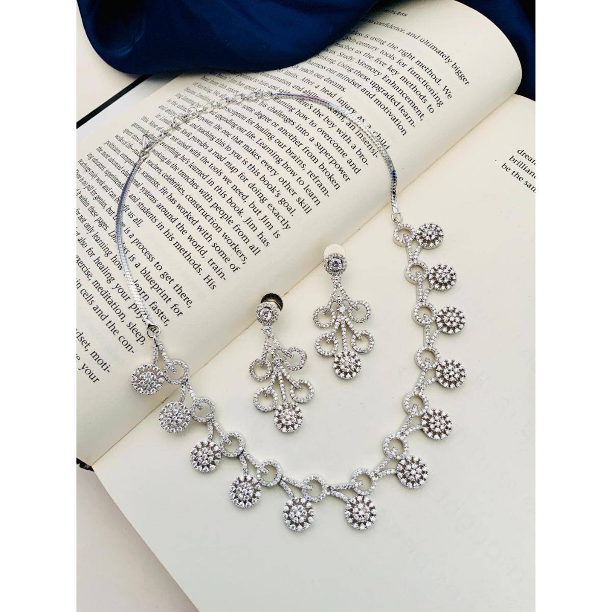 Abdesigns Sophisticated Silver Plated American Diamond Necklace Set - Silver · One Size