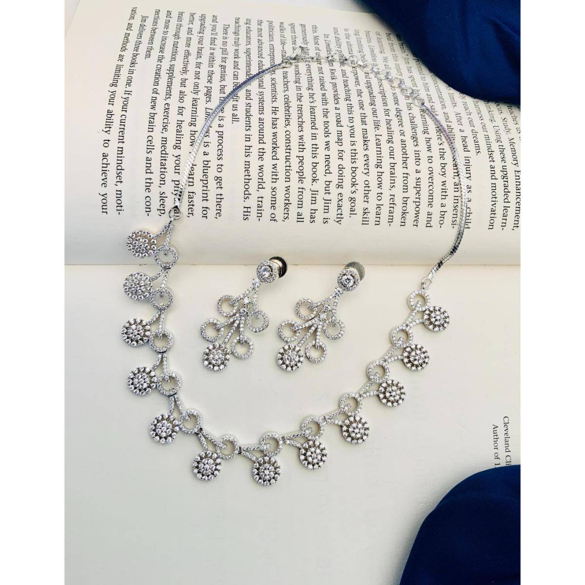Abdesigns Sophisticated Silver Plated American Diamond Necklace Set - Silver · One Size