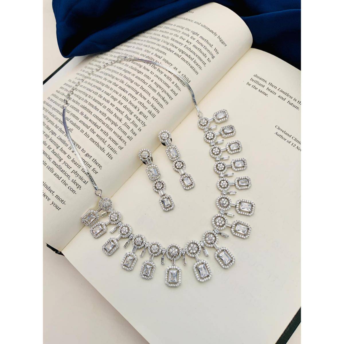 Abdesigns Enchanting Silver Plated American Diamond Necklace Set - Silver