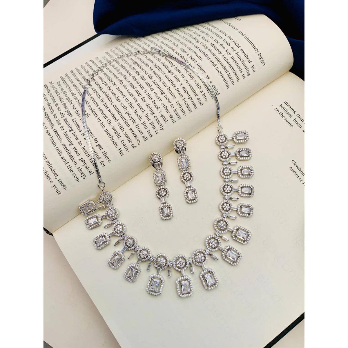 Abdesigns Enchanting Silver Plated American Diamond Necklace Set - Silver