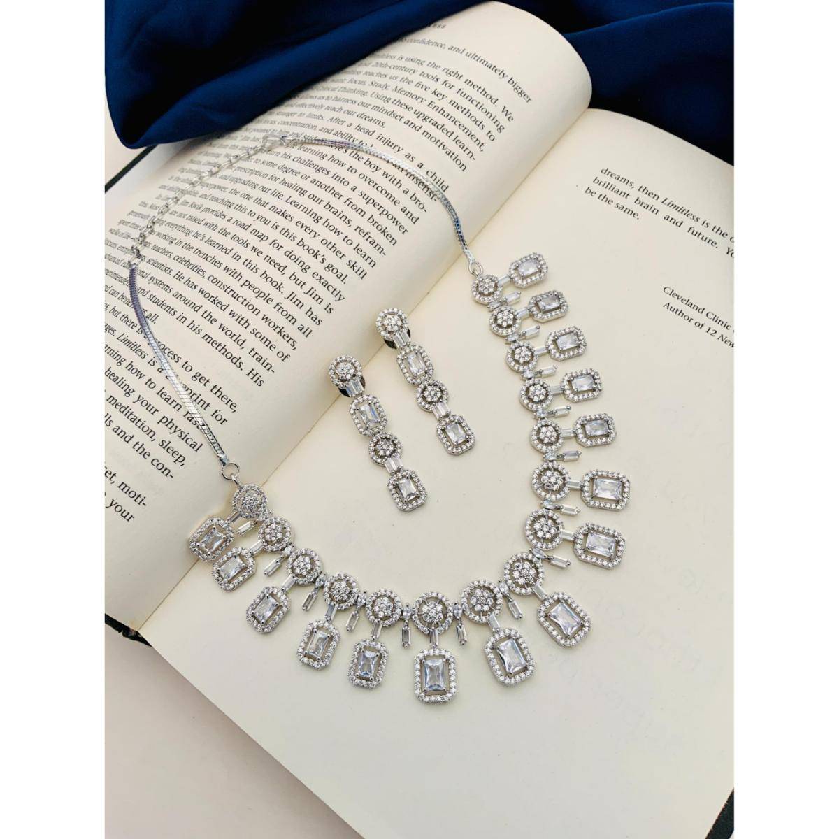 Abdesigns Enchanting Silver Plated American Diamond Necklace Set - Silver