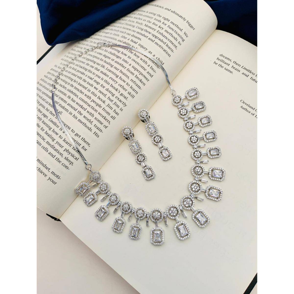 Abdesigns Enchanting Silver Plated American Diamond Necklace Set - Silver
