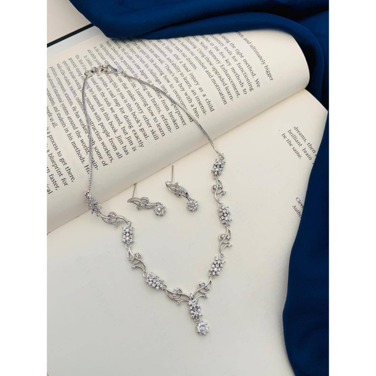Abdesigns Enchanting Silver Plated American Diamond Necklace Set - Silver