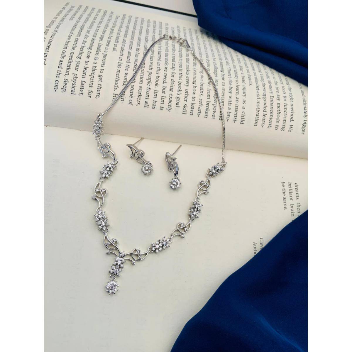 Abdesigns Enchanting Silver Plated American Diamond Necklace Set - Silver