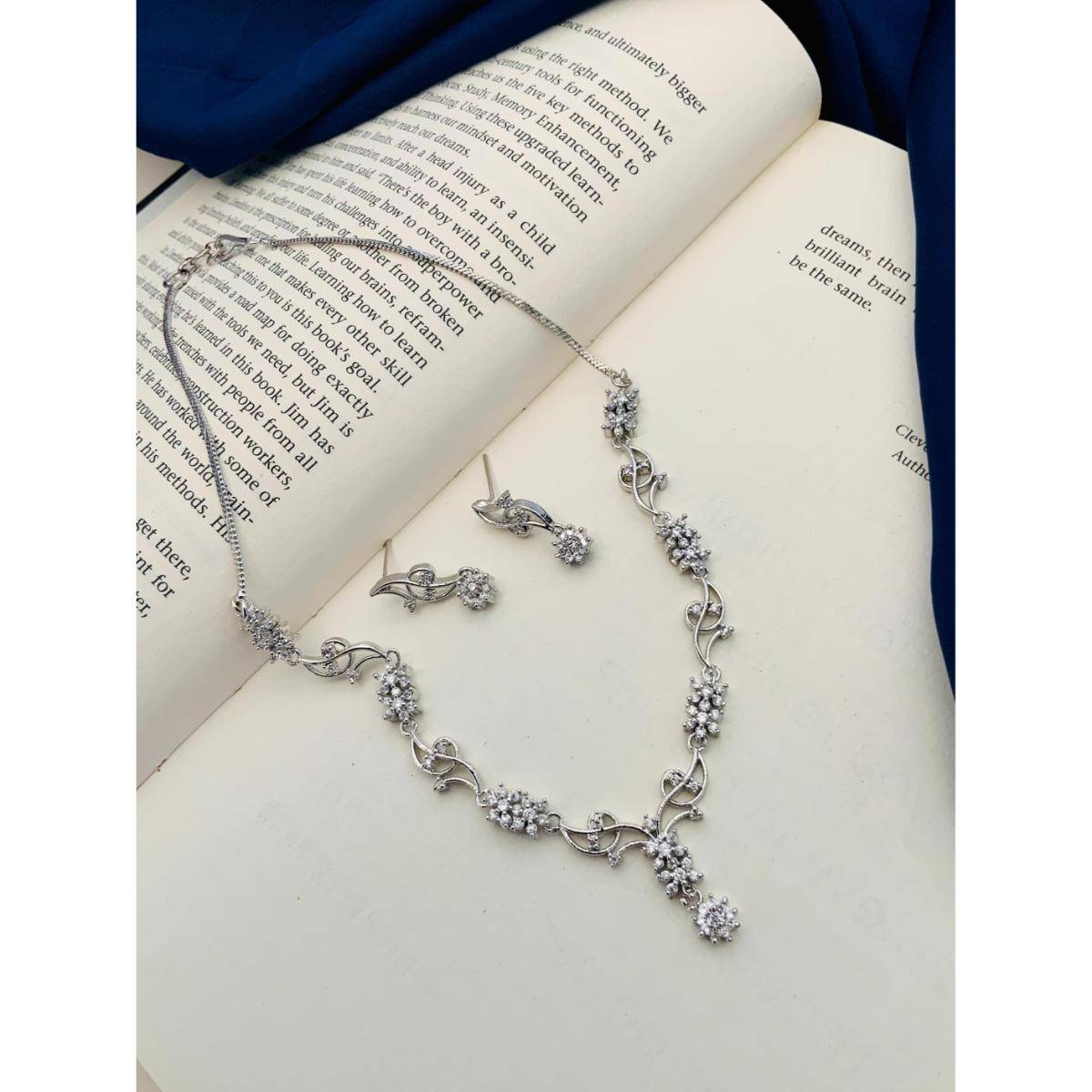 Abdesigns Enchanting Silver Plated American Diamond Necklace Set - Silver