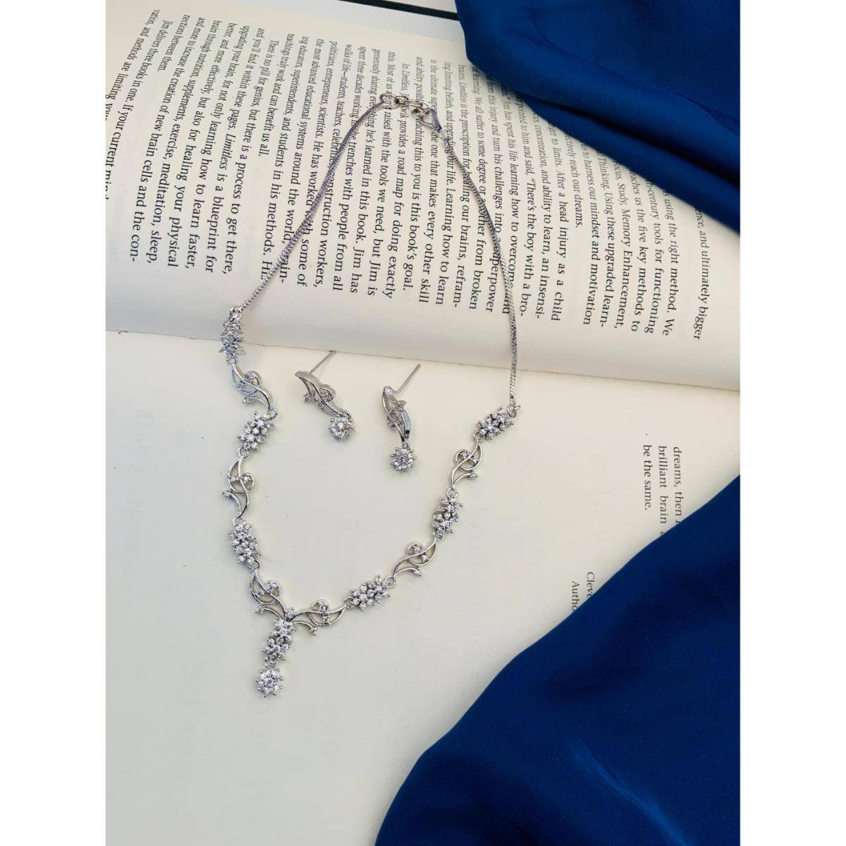 Abdesigns Enchanting Silver Plated American Diamond Necklace Set - Silver