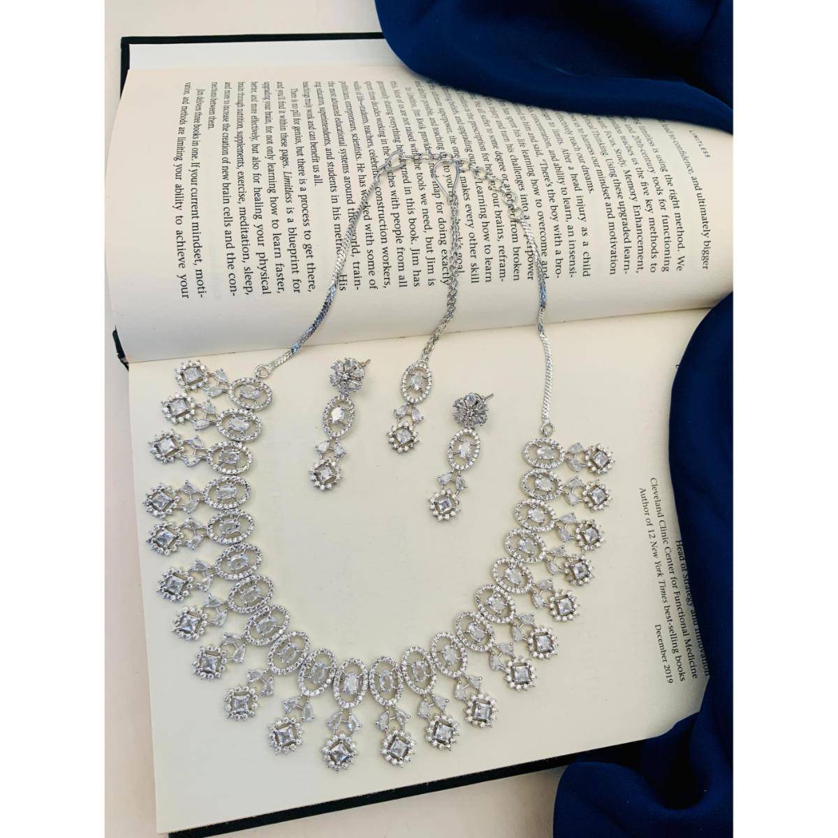 Abdesigns Silver-Plated American Diamond Necklace Set - Silver