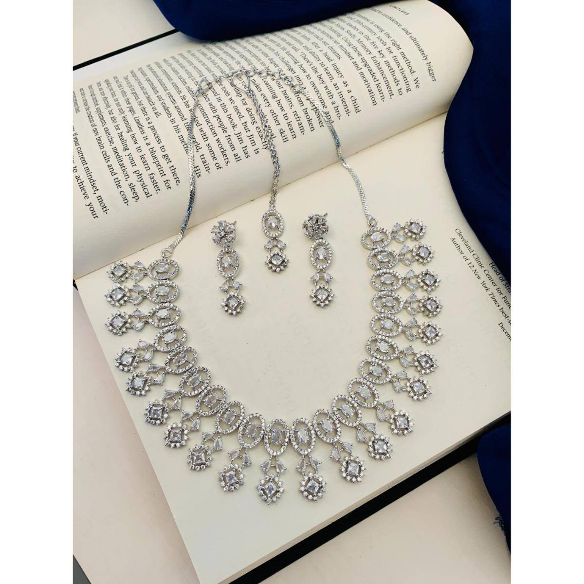 Abdesigns Silver-Plated American Diamond Necklace Set - Silver