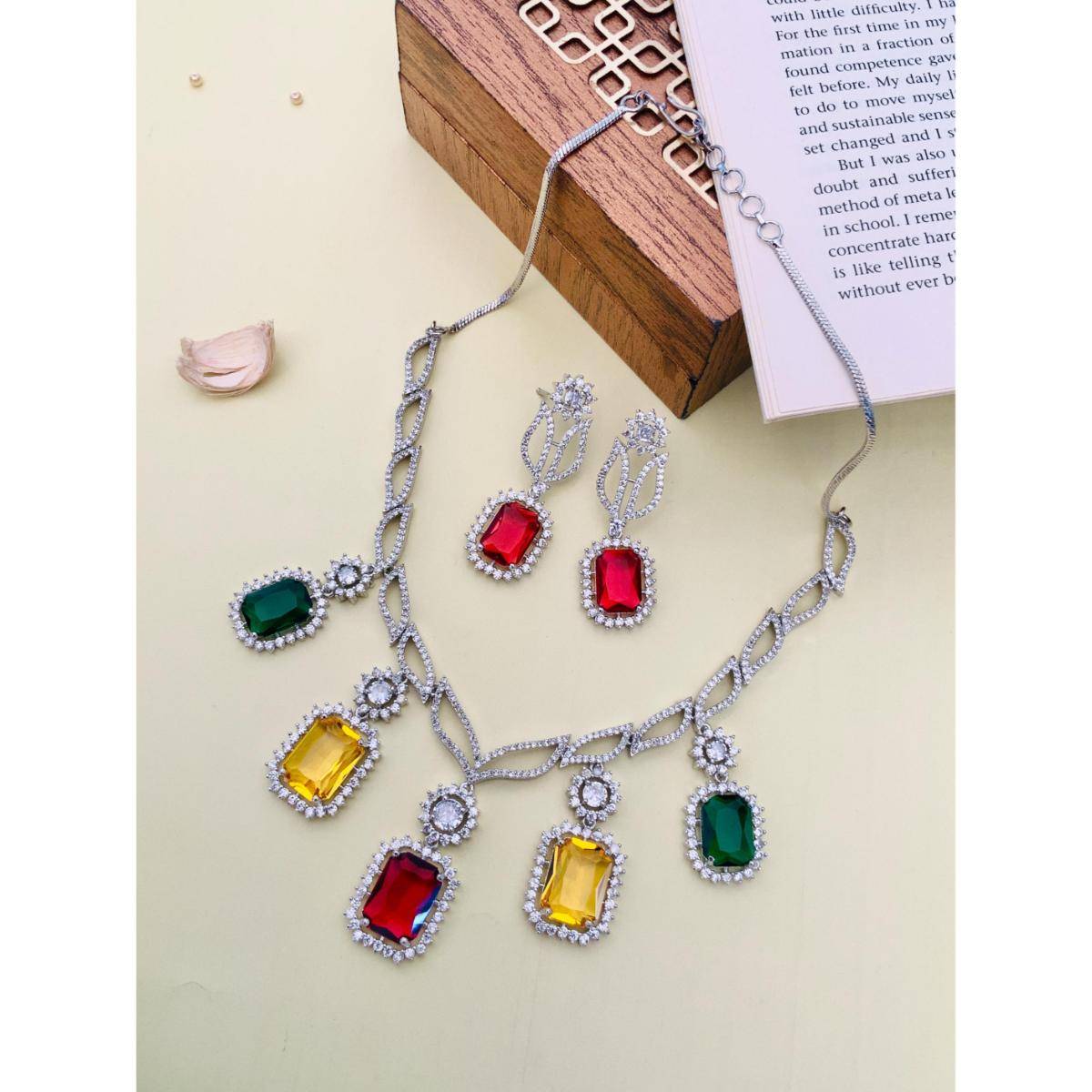 Abdesigns Enchanting Silver Plated American Diamond Necklace Set - Multi-Color
