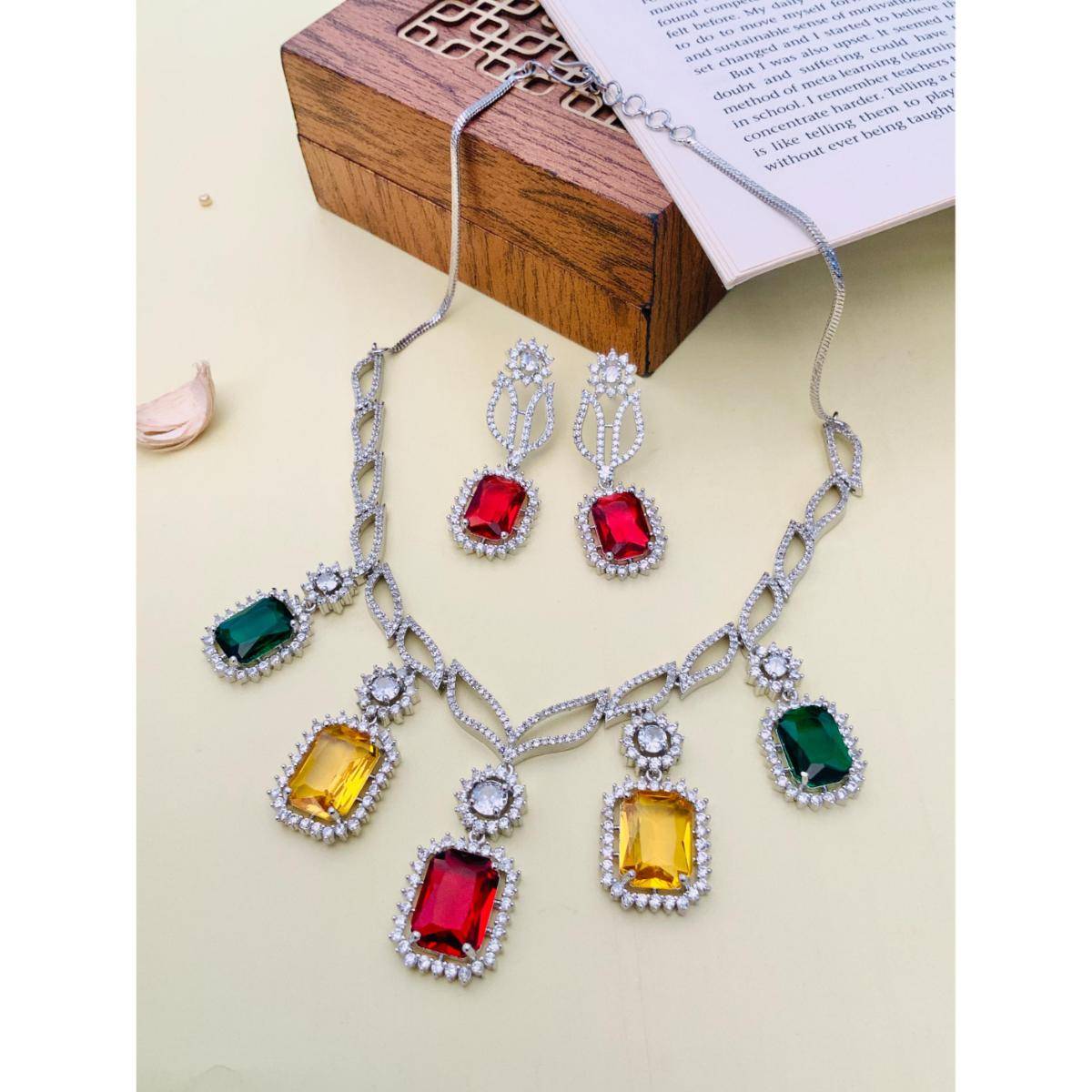 Abdesigns Enchanting Silver Plated American Diamond Necklace Set - Multi-Color
