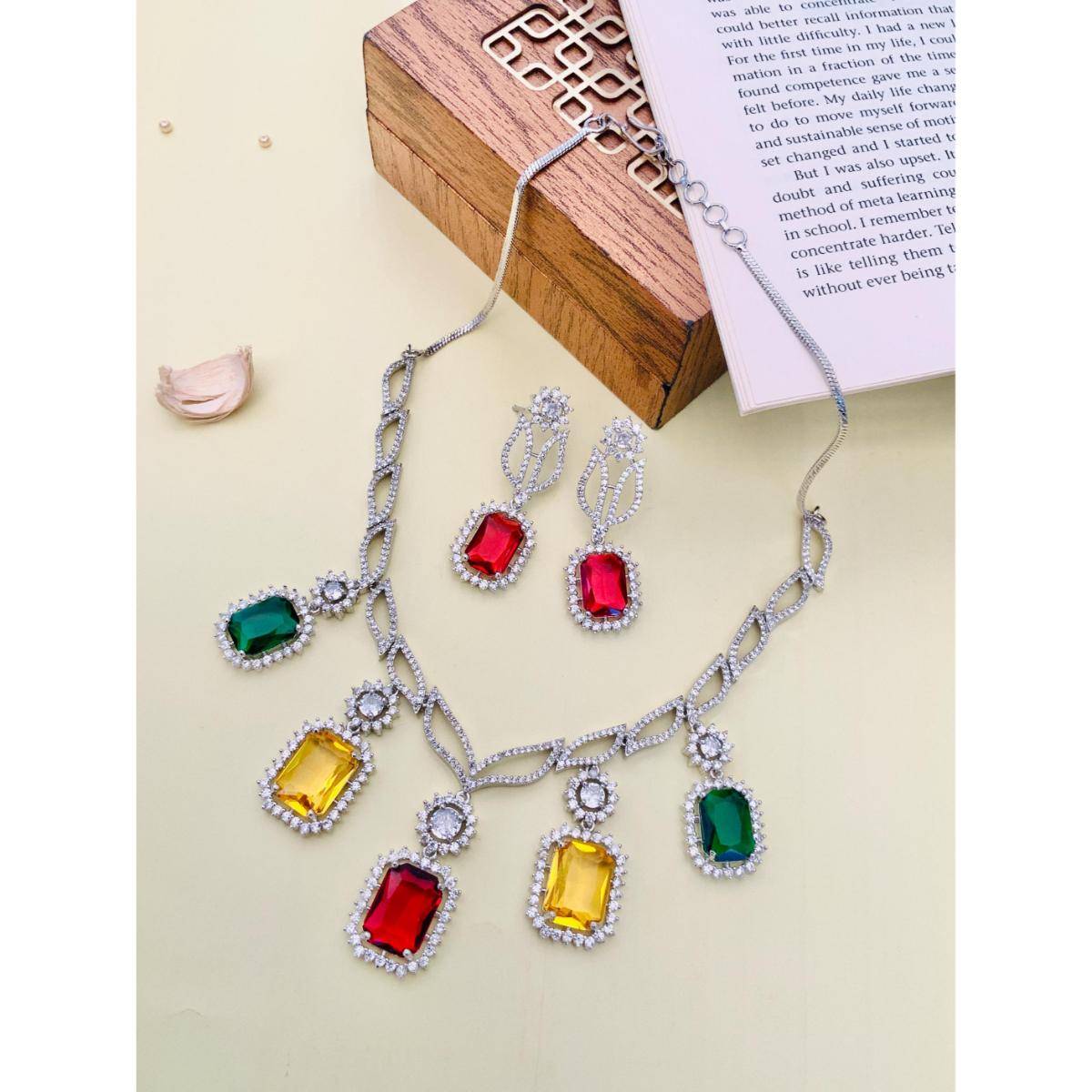 Abdesigns Enchanting Silver Plated American Diamond Necklace Set - Multi-Color