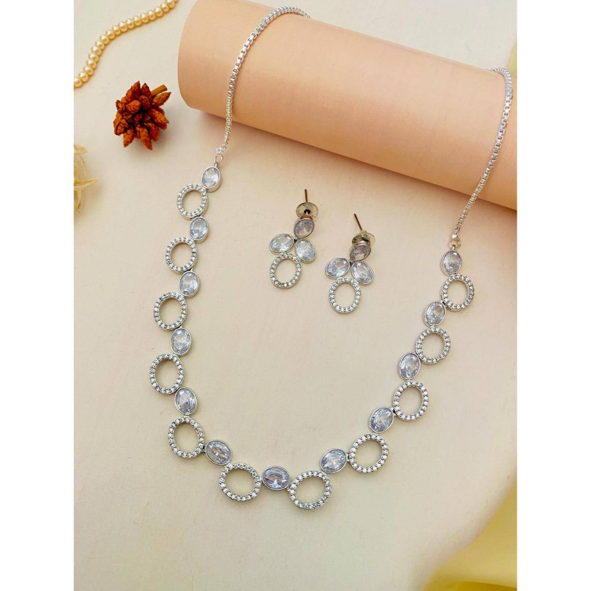 Abdesigns Beautiful Silver Plated American Diamond Jewellery Set Women - Silver