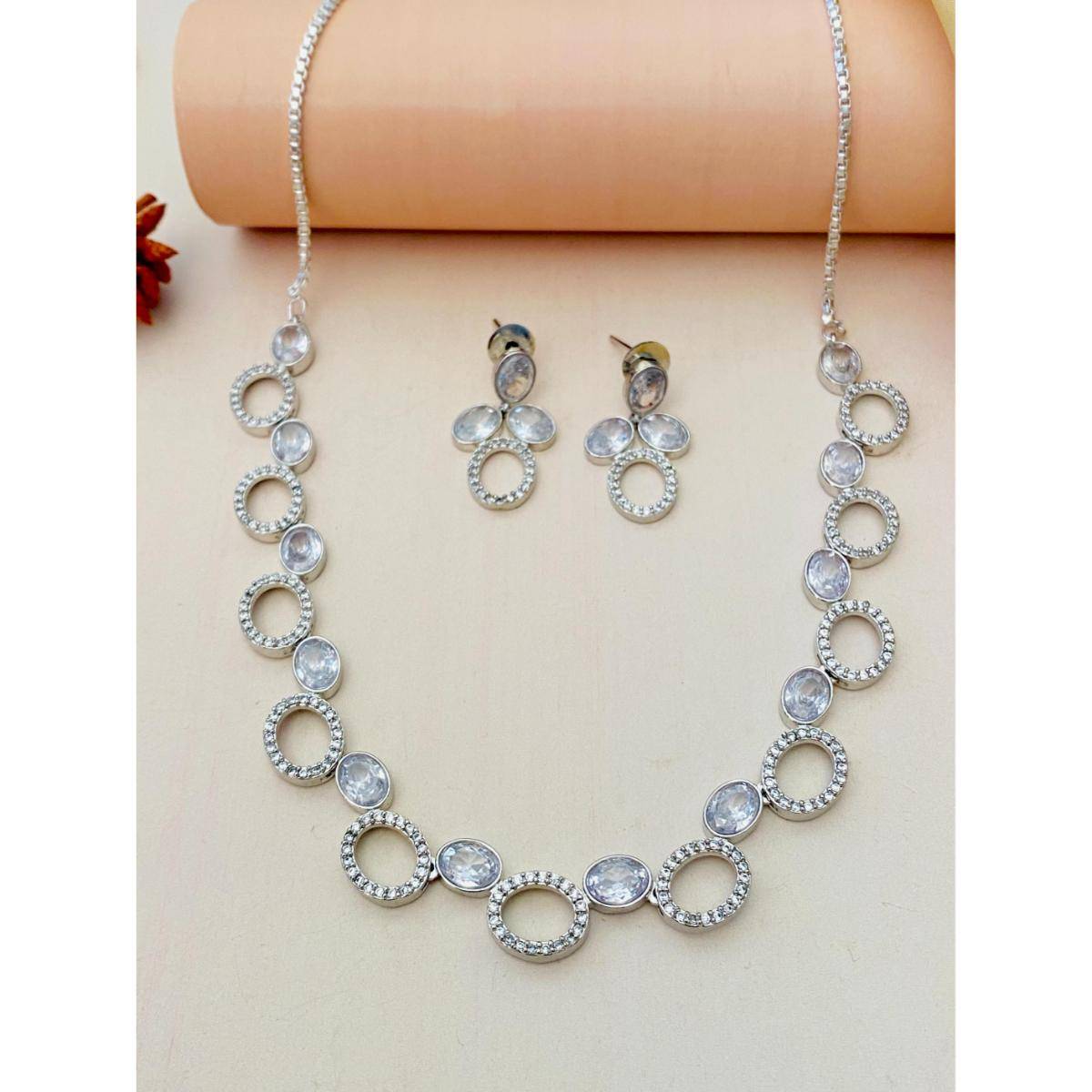 Abdesigns Beautiful Silver Plated American Diamond Jewellery Set Women - Silver