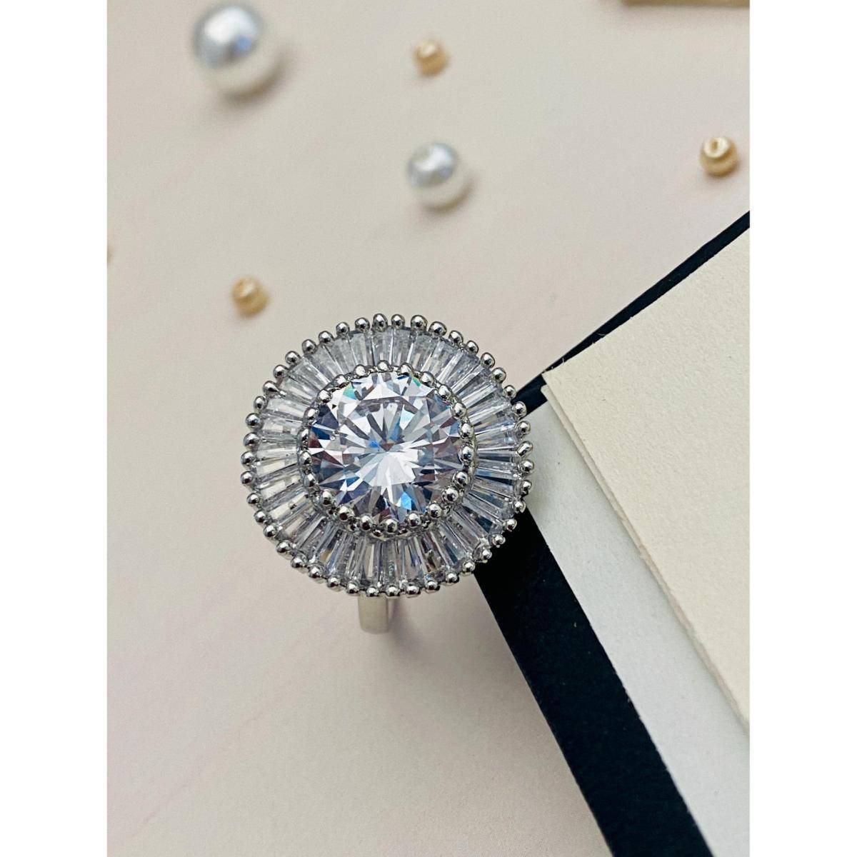 Abdesigns Impressive Solitaire Silver Plated American Diamond Ring - White