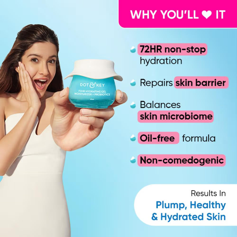 Dot & Key 72HR Hydrating Gel Face Moisturizer With Hyaluronic & Probiotics For Normal To Oily Skin (60ml)
