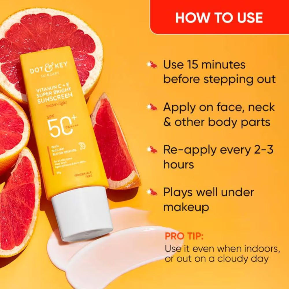 Dot & Key Vitamin C + E Face Sunscreen SPF 50 PA+++ For Glowing Skin, 100% No White Cast (50g)