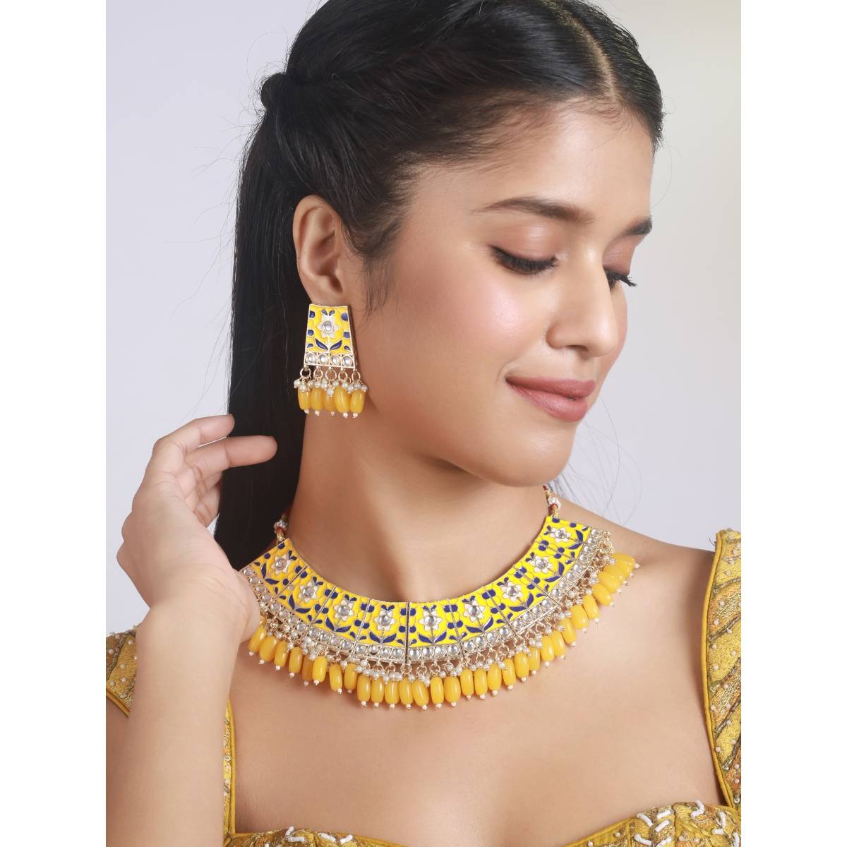 Aatmana Gold Plated Yellow Meenakari and Pearl Beaded Choker Jewellery Set