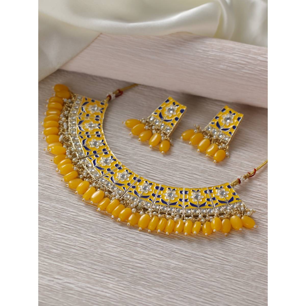 Aatmana Gold Plated Yellow Meenakari and Pearl Beaded Choker Jewellery Set