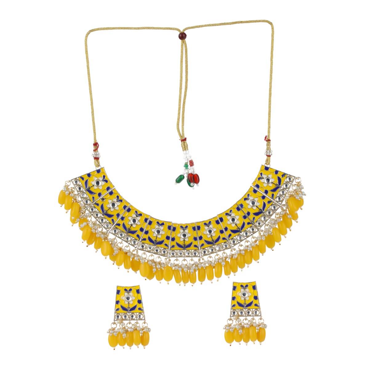 Aatmana Gold Plated Yellow Meenakari and Pearl Beaded Choker Jewellery Set