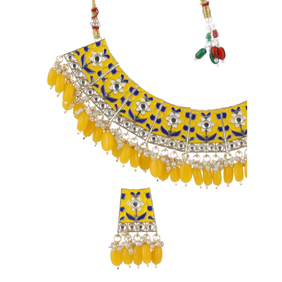 Aatmana Gold Plated Yellow Meenakari and Pearl Beaded Choker Jewellery Set