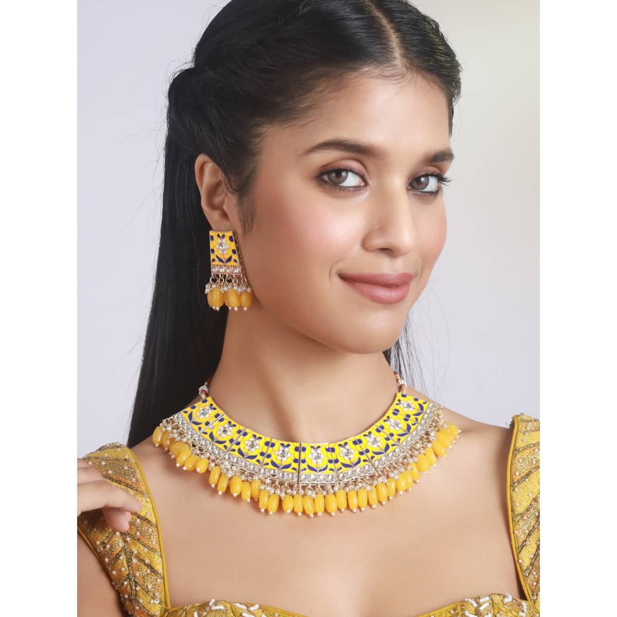 Aatmana Gold Plated Yellow Meenakari and Pearl Beaded Choker Jewellery Set