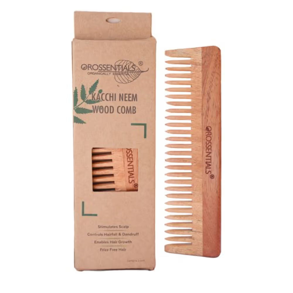 OROSSENTIALS Oil Treated Kacchi Neem Wooden Comb Wide Teeth For Gentle Detangling