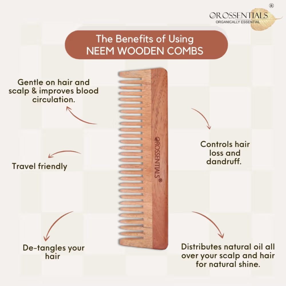 OROSSENTIALS Oil Treated Kacchi Neem Wooden Comb Wide Teeth For Gentle Detangling