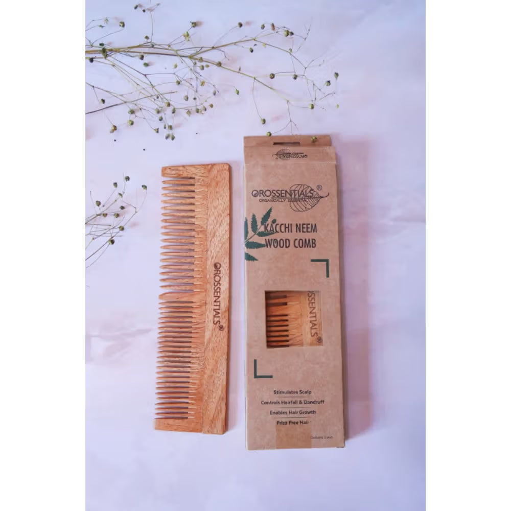 OROSSENTIALS Oil Treated Kacchi Neem Handmade Wooden Two In One Straight Comb