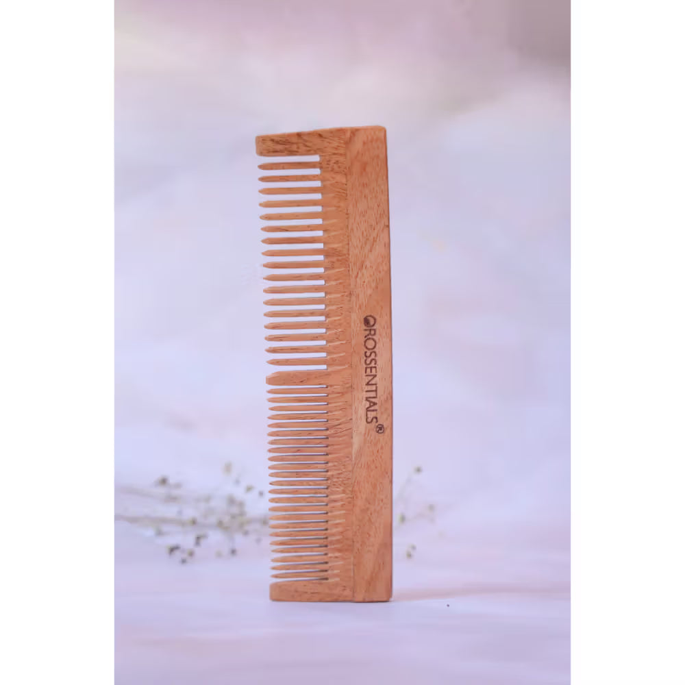 OROSSENTIALS Oil Treated Kacchi Neem Handmade Wooden Two In One Straight Comb