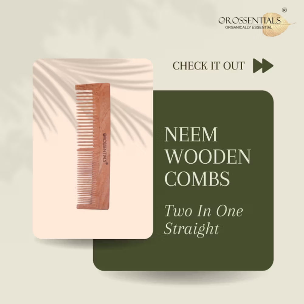 OROSSENTIALS Oil Treated Kacchi Neem Handmade Wooden Two In One Straight Comb