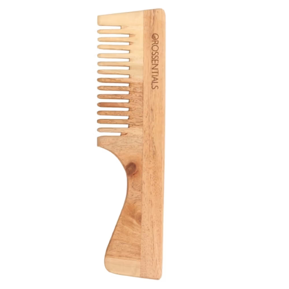OROSSENTIALS Oil Treated Kacchi Neem Handmade Wooden Handle Wide Teeth Comb (1pcs)
